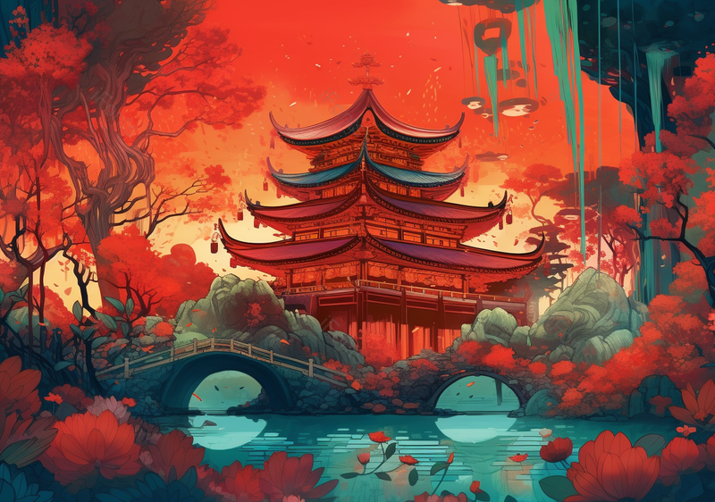 国潮风古建筑祥云背景插画图,插画/手绘图,插画/手绘图库,插画/手绘图下载,插画/手绘